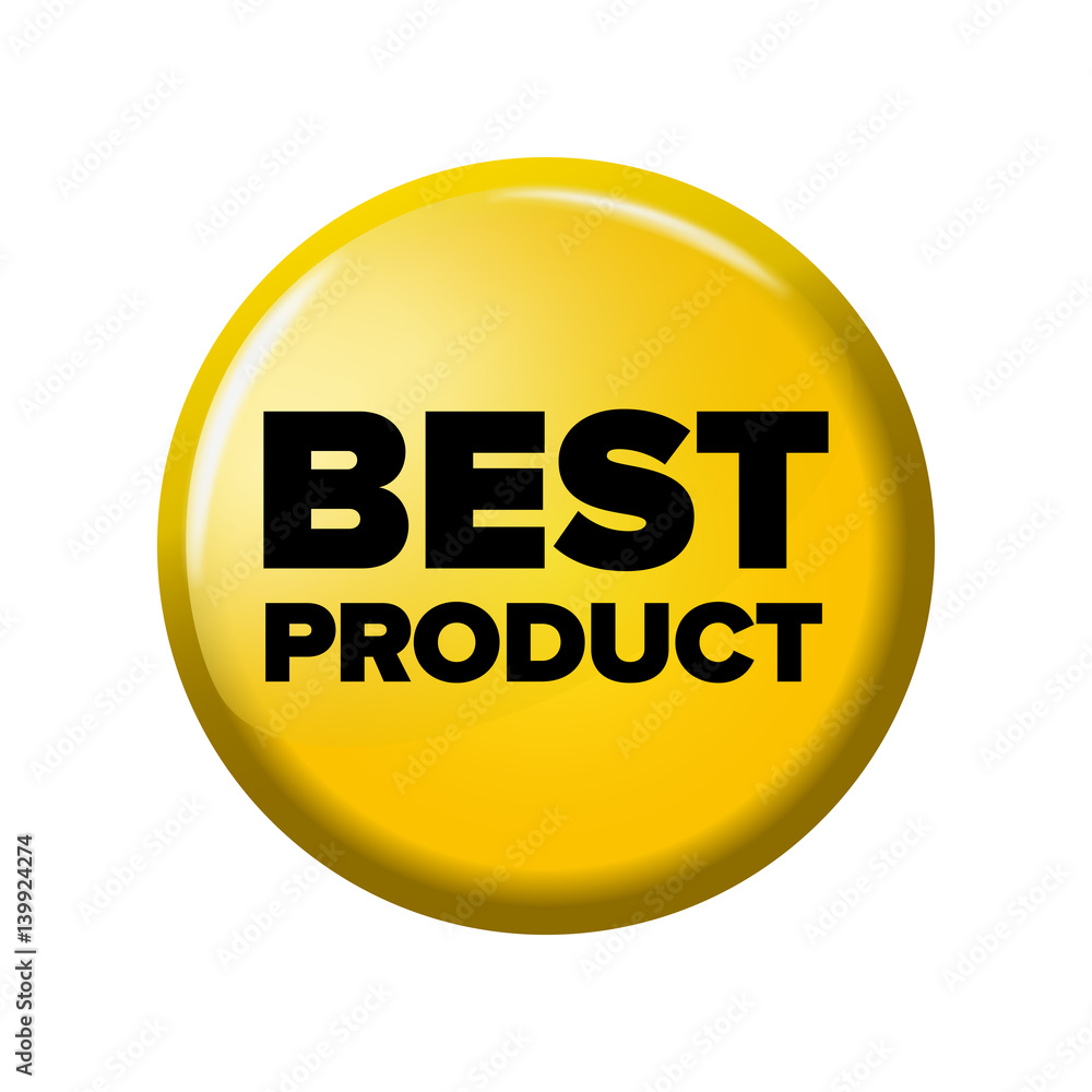 Bright yellow round button with word 'Best Product'. Circle label for bestseller in online shops. Design elements on white background. Bright yellow round button with word 'Best Product'. Circle label for bestseller in online shops. Design elements on white background.