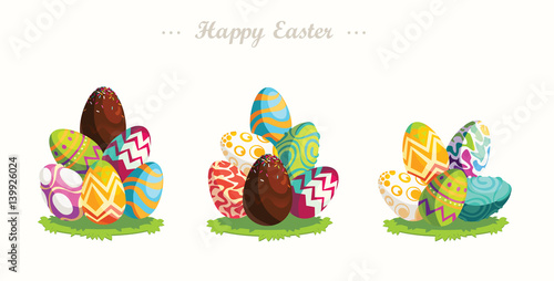 Happy Easter.Set of Easter eggs with different texture.Bright eggs on a glade. Vector