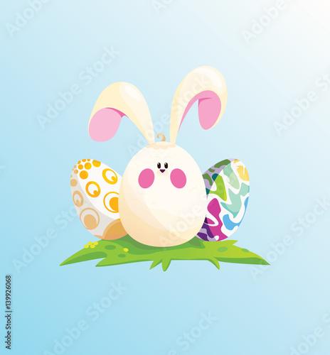 Happy Easter.Rabbit disguised as an egg. Bright eggs on a glade.Vector
