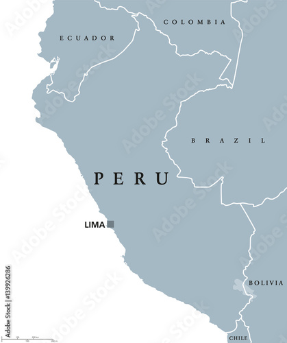 Peru political map with capital Lima, national borders and neighbors. Republic and country in western South America. Gray illustration isolated on white background. English labeling. Vector.