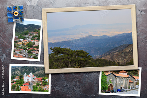 Beautiful snapshots of various Cyprus landscapes  villages  monastery in wooden frames arranged on rustic background