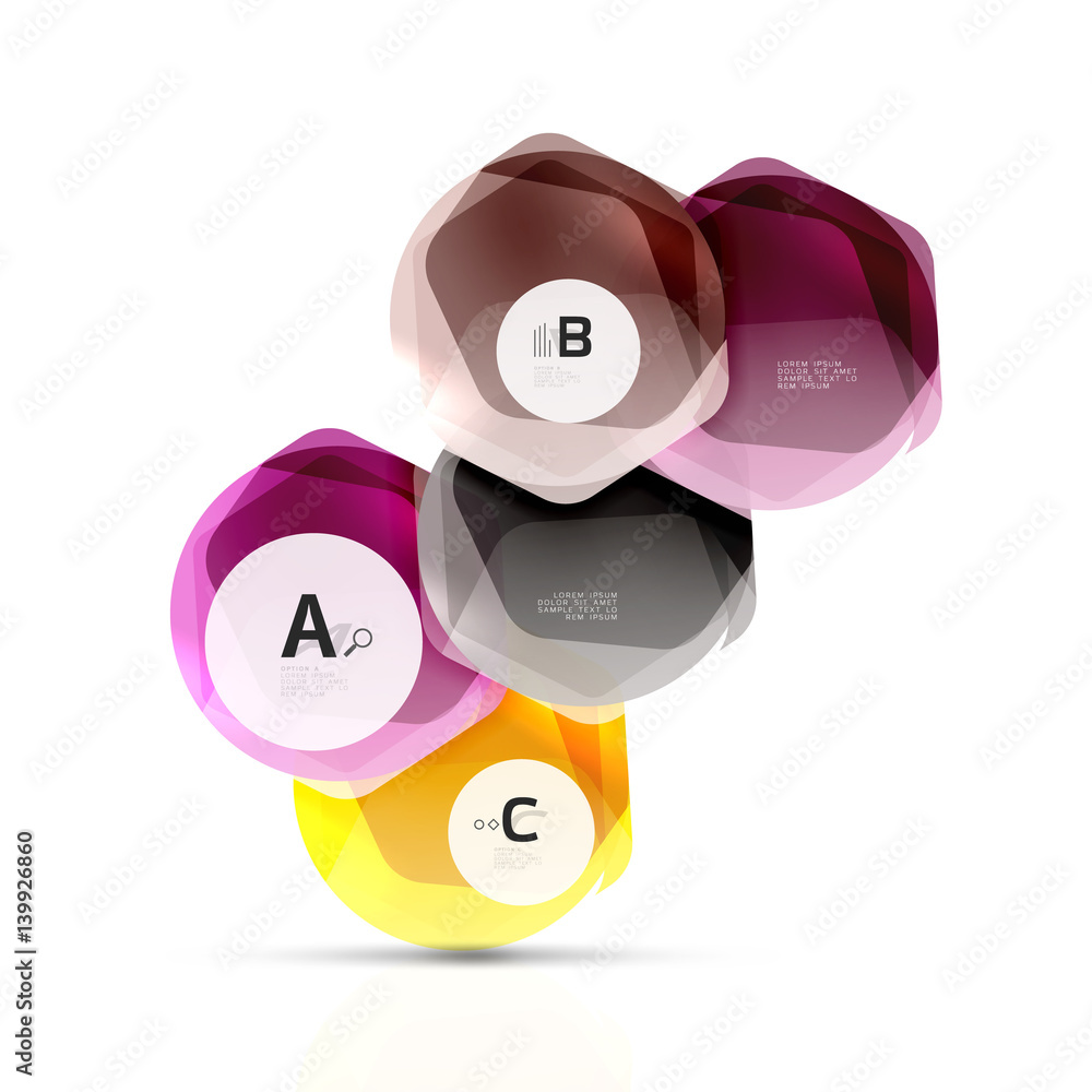 Glass color hexagons. Glossy plastic hexagon design with text Glass color hexagons. Glossy plastic hexagon design with text