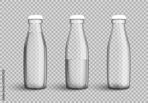 Transparent glass bottle with water, full, half full and empty
