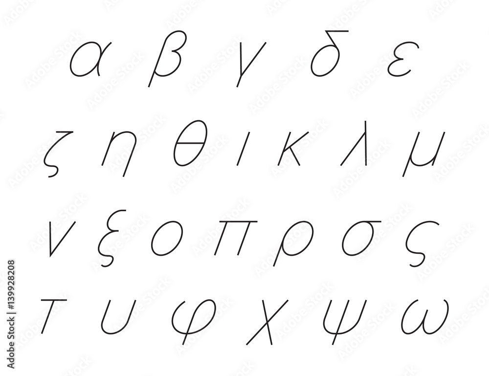 Greek alphabet letters, italic font set, outlined, black isolated on white background, vector illustration. Greek alphabet letters, italic font set, outlined, black isolated on white background, vector illustration.