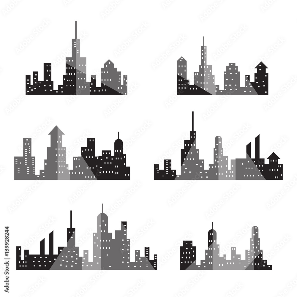 City skylines silhouette, cityscape set, isolated on white background, vector illustration.