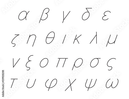Greek alphabet letters, italic font set, outlined, black isolated on white background, vector illustration.