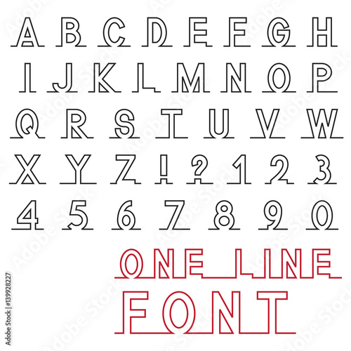 One line font, latin alphabet letters and numbers, black isolated on white background, vector illustration.