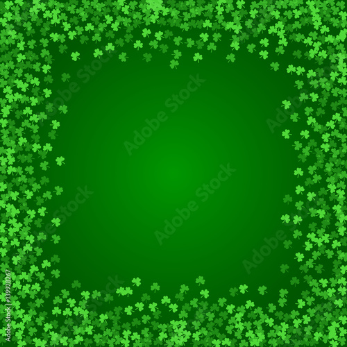 Square Saint Patricks Day background with green clover confetti. Frame of shamrock leaves. Template for greeting card design, banner, flyer, party invitation.