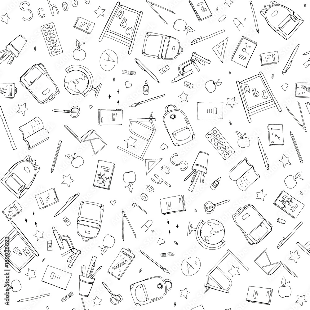Hand drawn School doodle set illustration seamless pattern background with School supplies, exercise book, microscope, globe , backpack, desk, Textbooks, apple isolated on white Hand drawn School doodle set illustration seamless pattern background with School supplies, exercise book, microscope, globe , backpack, desk, Textbooks, apple isolated on white