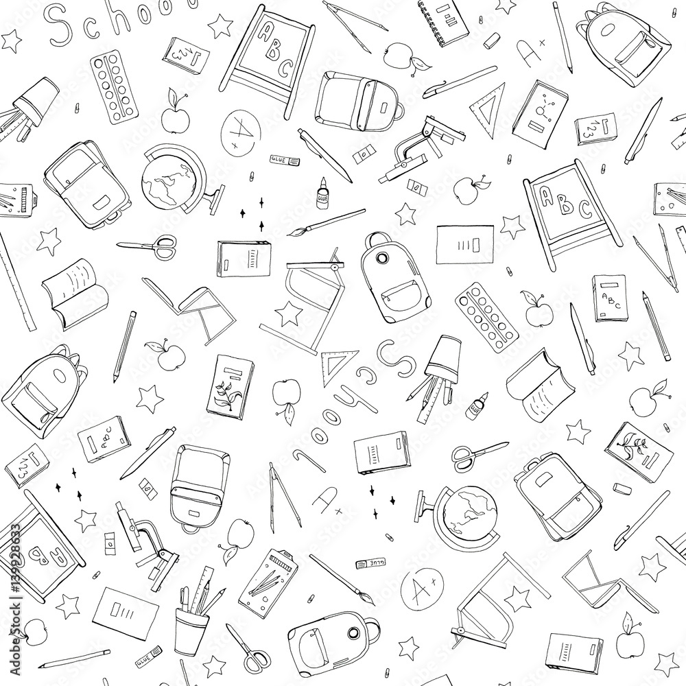 Hand drawn School doodle set illustration seamless pattern background with School supplies, exercise book, microscope, globe , backpack, desk, Textbooks, apple isolated on white