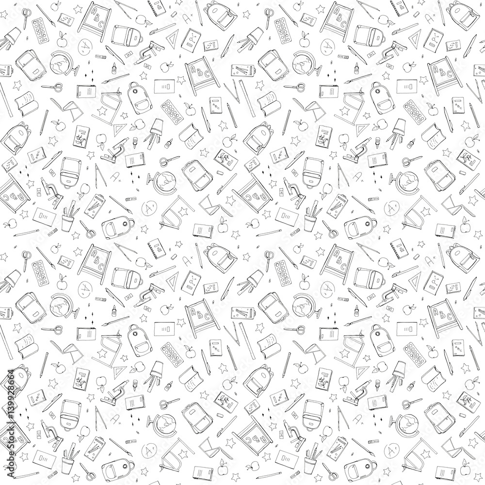 Hand drawn School doodle set illustration seamless pattern background with School supplies, exercise book, microscope, globe , backpack, desk, Textbooks, apple isolated on white
