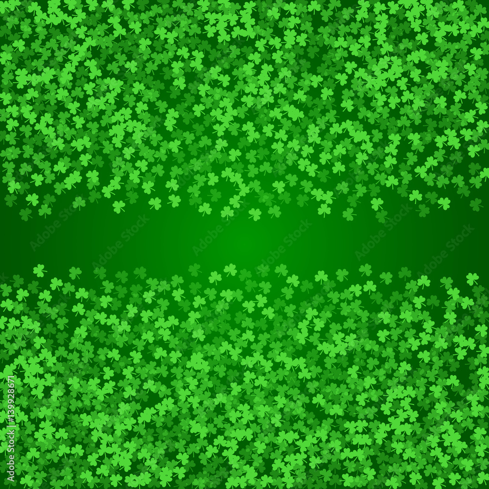 Square Saint Patricks Day background with green clover confetti. Frame of shamrock leaves with narrow stripe for text. Template for greeting card design, banner, flyer, party invitation. Square Saint Patricks Day background with green clover confetti. Frame of shamrock leaves with narrow stripe for text. Template for greeting card design, banner, flyer, party invitation.