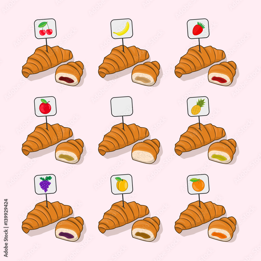 Set croissant and half a croissant with different fillings insid