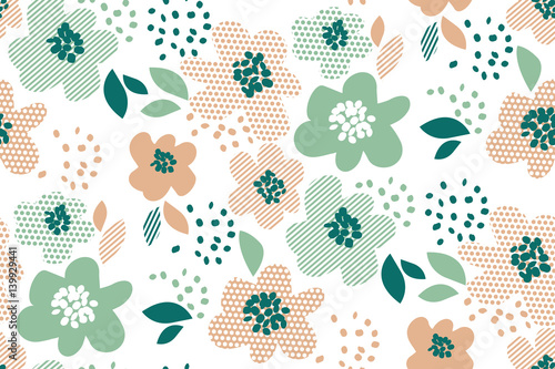 Simple pale color floral decorative seamless pattern in geometry style. Spring flower repeatable element for cloth, fabric, background, wrapping paper