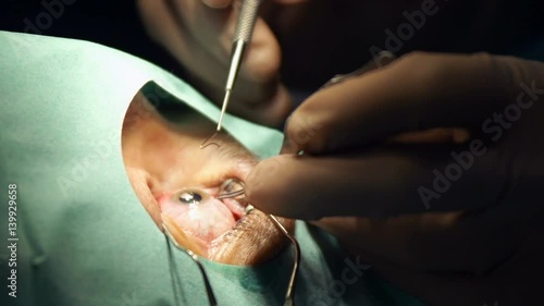 anesthesia before laser surgery vision correction, ophthalmology operation, Surgeon's hands in gloves performing laser eye vision correction correction, surgery eye, Cataract surgery