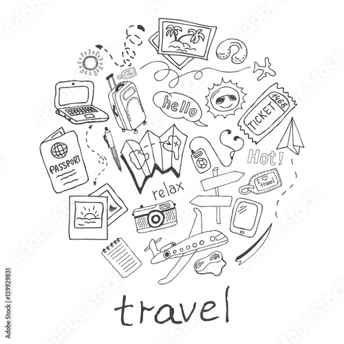 Hand drawn travel, vacation doodle Icons collection on white background. Vector illustration