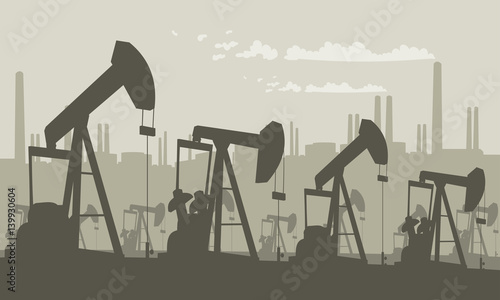 Oil pumps on field with rafinery silhouette. Petroleum industry equipment. Vector illustration