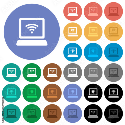 Laptop computer with wireless symbol round flat multi colored icons