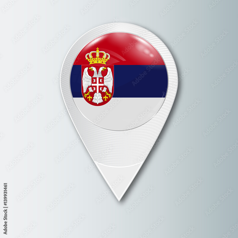 Pointer with the national flag of Serbia in the ball with reflection. Tag to indicate the location. Realistic vector illustration. Pointer with the national flag of Serbia in the ball with reflection. Tag to indicate the location. Realistic vector illustration.