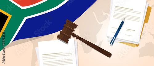South Africa law constitution legal judgment justice legislation trial concept using flag gavel paper and pen