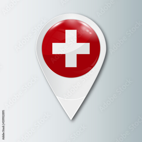 Pointer with the national flag of Switzerland in the ball with reflection. Tag to indicate the location. Realistic vector illustration.