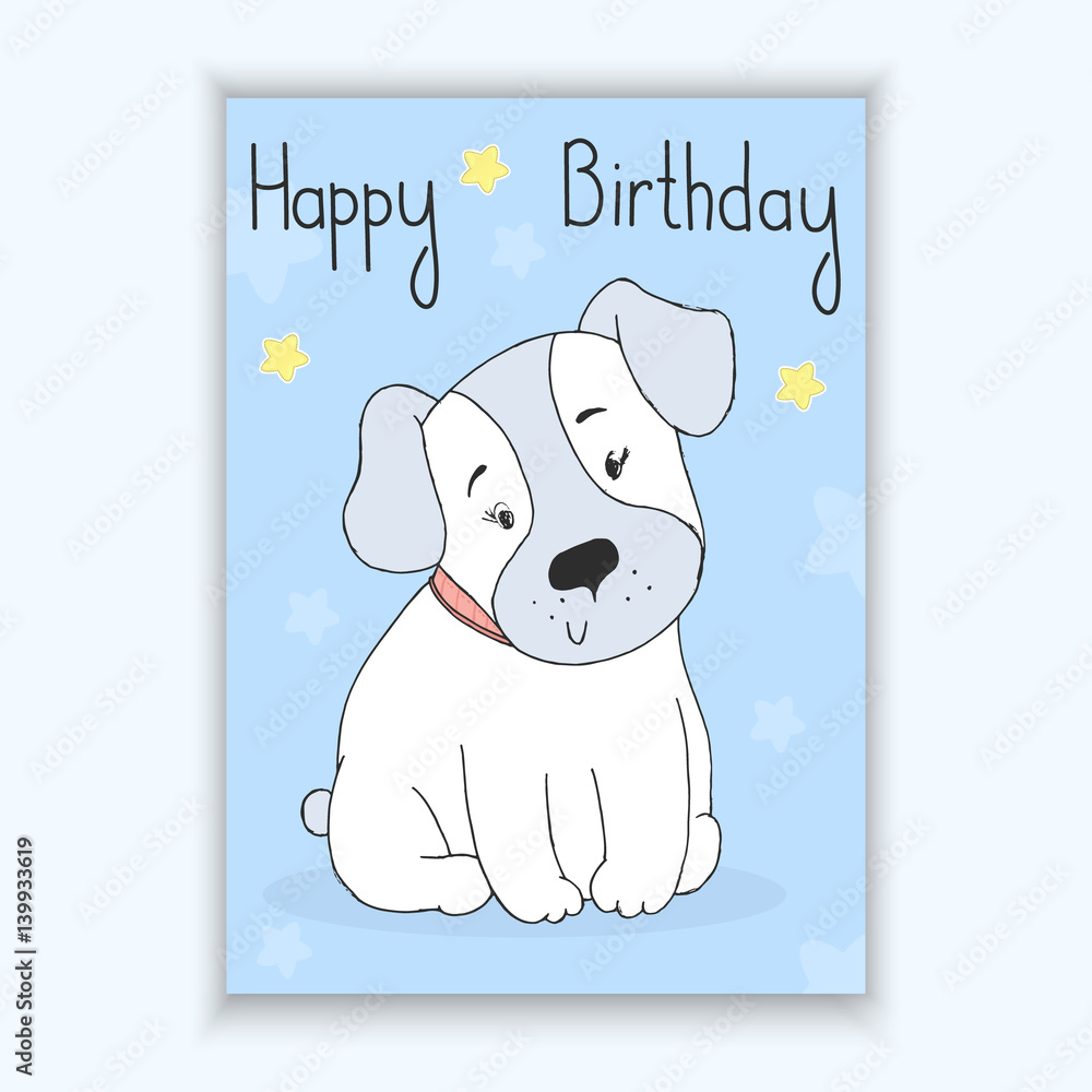 happy birthday card with Hand Drawn Cute cartoon dog. vector ...
