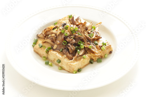 Pan fried Tofu and Maitake mushroom stir fried on top