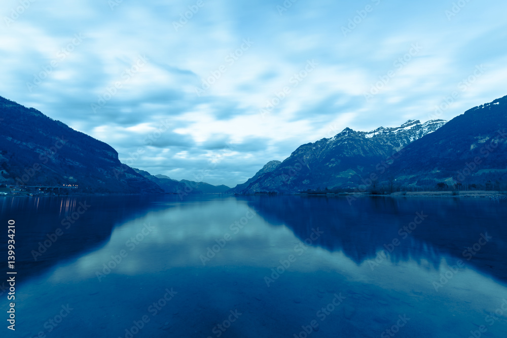  Mountain lake landscape in the evening. Long exposure. Blue Hour