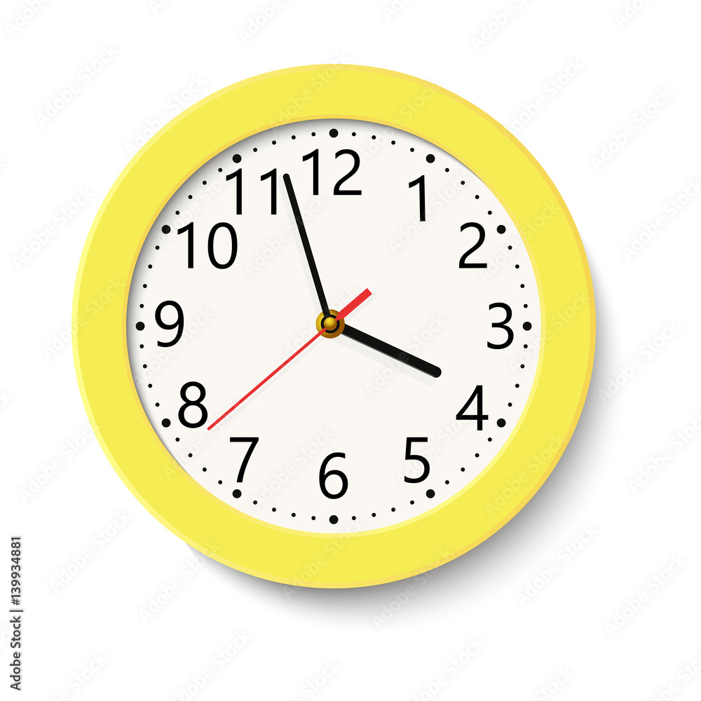 Classic yellow round wall clock isolated on white . Vector illustration Classic yellow round wall clock isolated on white . Vector illustration