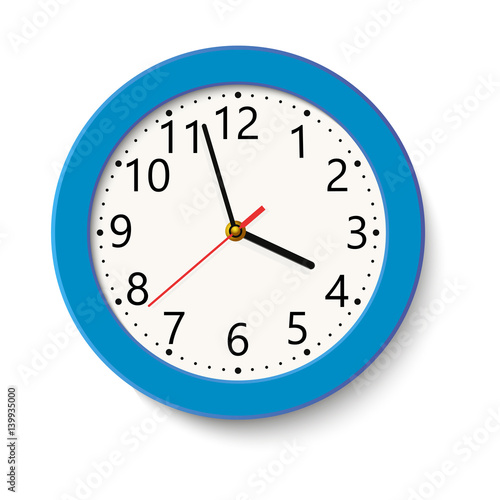 Classic blue round wall clock isolated on white . Vector illustration