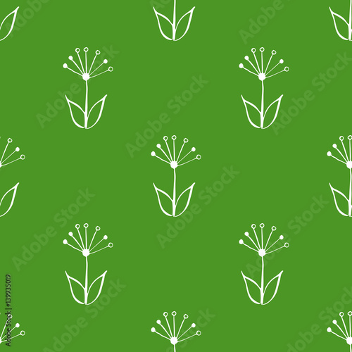 Seamless green and white hand drawn  doodle  floral vector pattern for background  backdrop. Scandinavian  ethnic style for wrapping  textile  print. Flowers and plants illustration eps 10.
