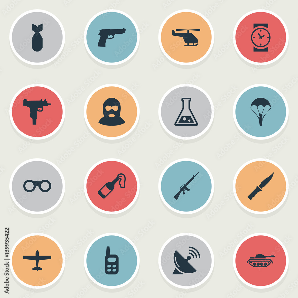 Vector Illustration Set Of Simple Military Icons. Elements Pistol