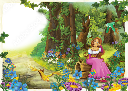 Fototapeta Naklejka Na Ścianę i Meble -  cartoon woman sitting in a beautiful colorful forest