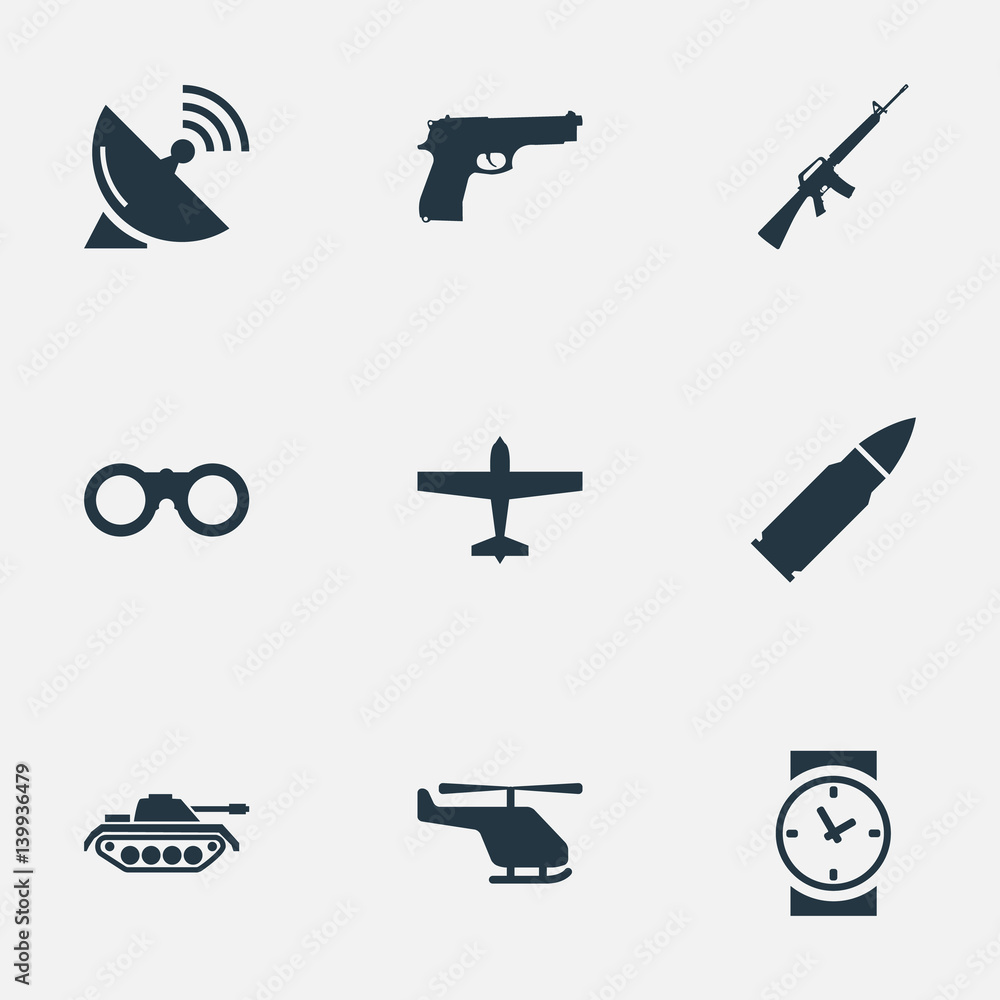 Vector Illustration Set Of Simple Military Icons. Elements Air Bomber,  Rifle Gun, Heavy Weapon And Other Synonyms Bullet, Pistol And Time. Stock  Vector | Adobe Stock