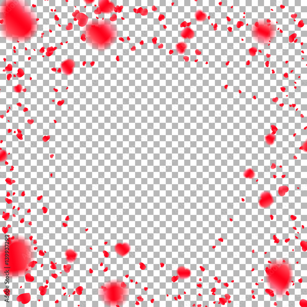 Background with red hearts falling confetti, flower petals