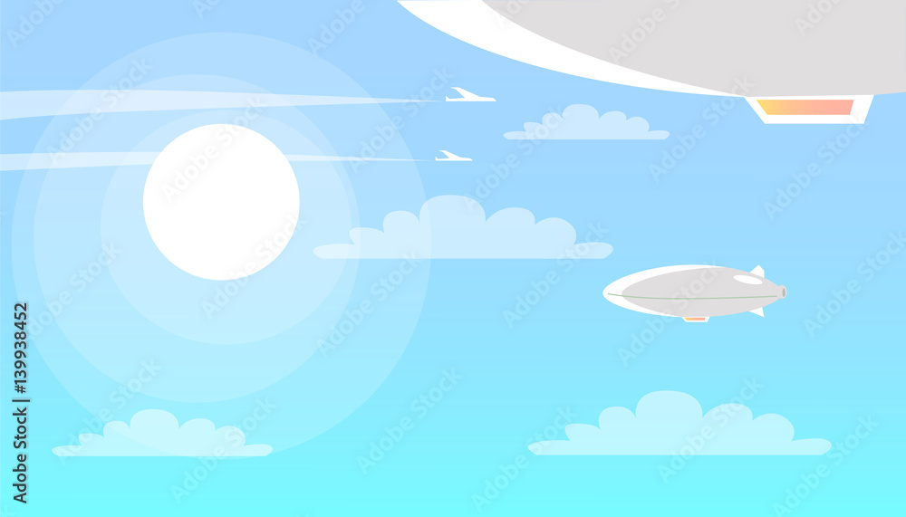 Airships Flying in Sky with Clouds and Shining Sun Airships Flying in Sky with Clouds and Shining Sun
