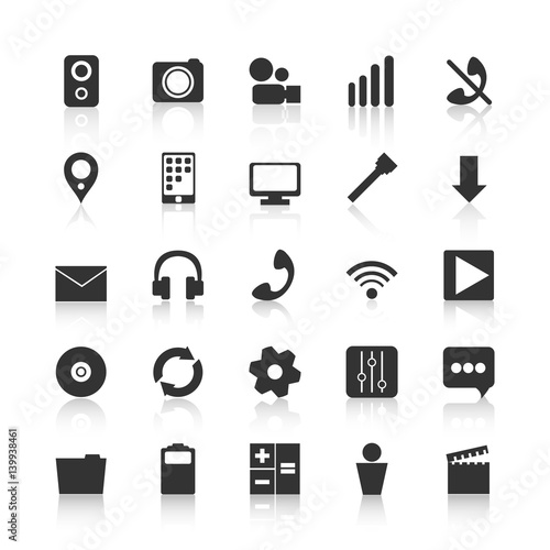 Black icons for design of mobile applications. Audio and video i