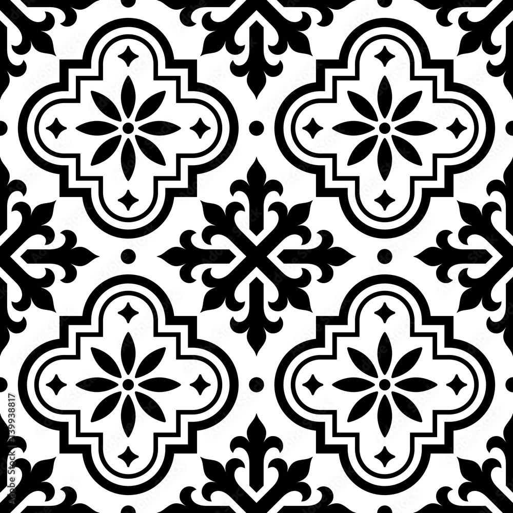 Spanish tile pattern, Moroccan tiles design, seamless black and white  background - Azulejo Stock-Vektorgrafik | Adobe Stock