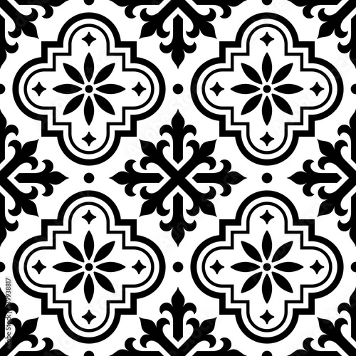 Spanish tile pattern, Moroccan tiles design, seamless black and white background - Azulejo