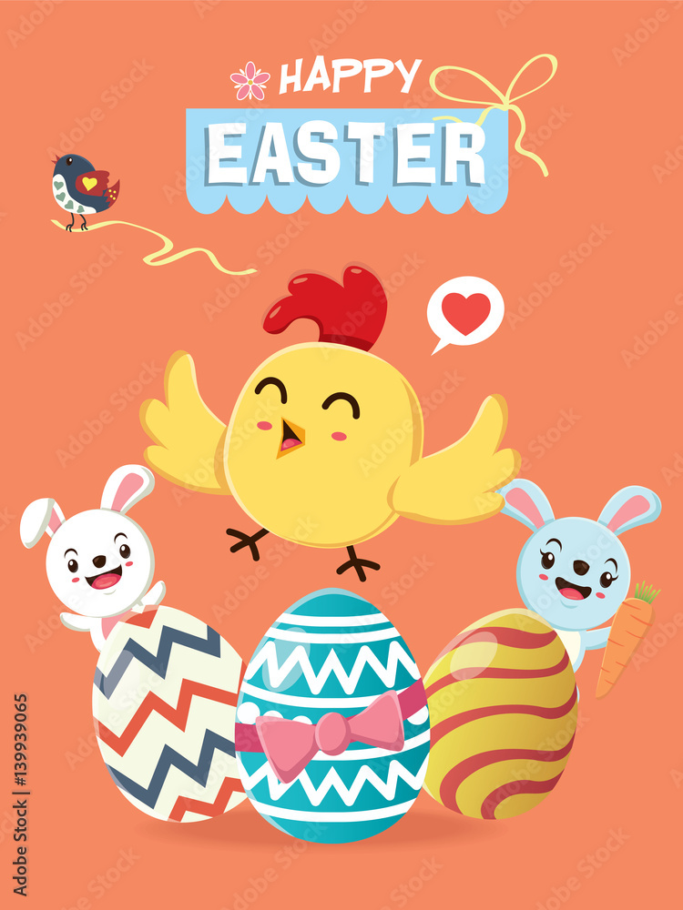 Naklejka premium Vintage Easter Egg poster design with Easter rabbit, chick,