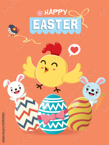 Vintage Easter Egg poster design with Easter rabbit  chick 
