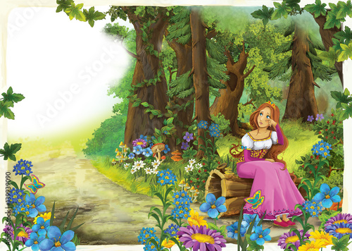 Fototapeta Naklejka Na Ścianę i Meble -  cartoon woman sitting in a beautiful colorful forest