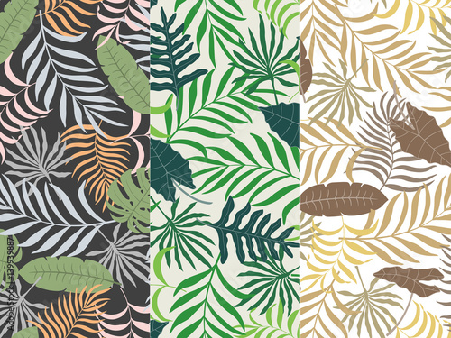 Set of three seamless floral pattern. Tropical background with palm leaves