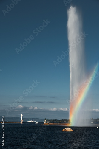 Rainbow At Geneva Jet D'eau Water Fountain on Lake Geneva in Switzerland