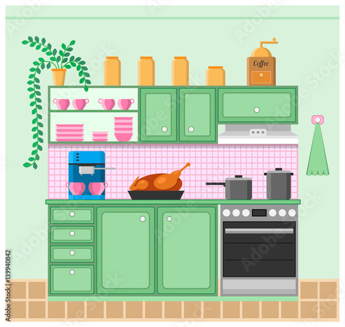 Interior of a Kitchen. Grinder, coffeemaker, roast duck, stove, pots, furniture and flower. Vector illustration.