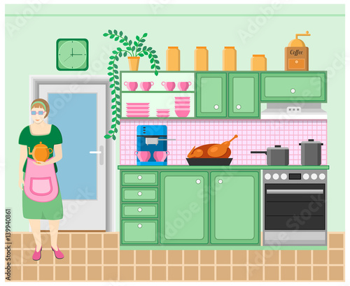 Housewife in the kitchen. Grinder, coffeemaker, roast duck, stove, clock, pots, furniture, door and flower. Vector illustration.