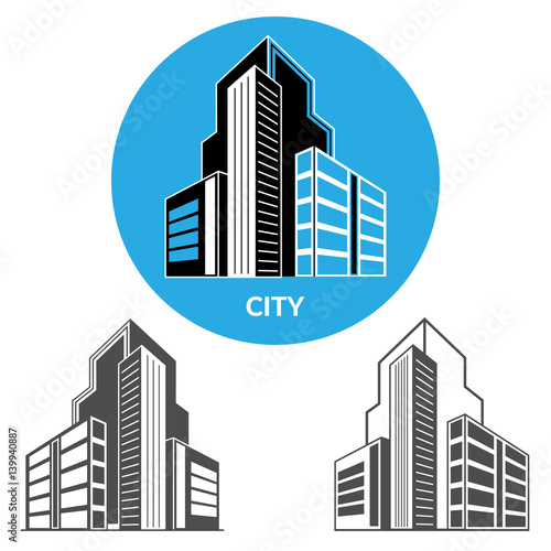 Set of vector icons of city skyscrapers. 3d perspective view. Vector illustration.
