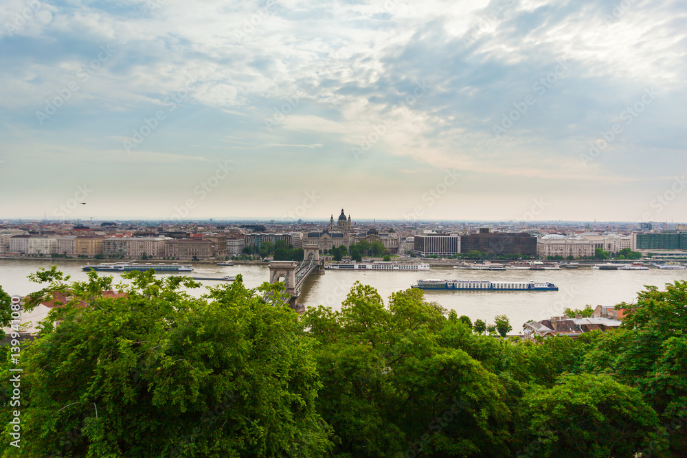 Panoramic view of Budapest from the Buda coast. View of St. Stephen's Basilica and Chain Bridge. Hungary