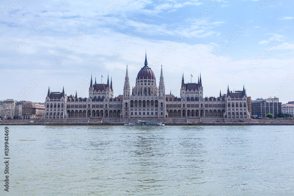 Parliament building in Budapest, Hungary on a cloudy day. Building facade with reflection in water