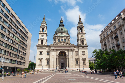 Basilica of Saint Istvan in Budapest, Hungary. Church in the square with tourists in the afternoon